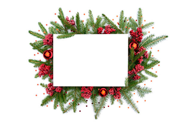 istock Christmas background with frame of fir branches, decorations and baubles for design template or mockup. Traditional Merry christmas frame with confetti for greeting cards, posters, advertising. 2178431917