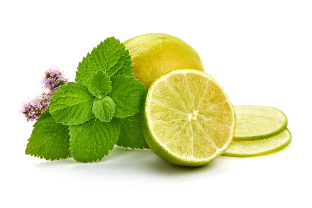istock Fresh raw mint leaves with juicy lemon slice, isolated on white background. Close-up. 2178433078