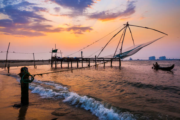 Chinese fishnets on sunset. Kochi, Kerala, India Kochi Chinese fishnets on sunset in Fort Kochin, Kochi, Kerala, India cochin kerala india chinese fishing net stock pictures, royalty-free photos & images
