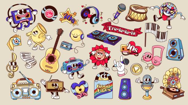istock Groovy Cartoon Music Stickers Set 2178437844