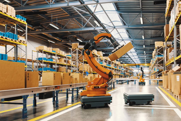 istock Automated Robot Carriers And Robotic Arm In Smart Distribution Warehouse 2178441181