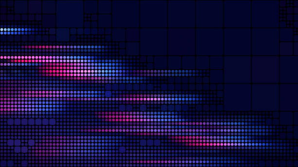 Pixelated Neon Colorful Circle Square Abstract Futuristic Pattern Purple Hot Pink Ultra Violet Light Blue Dot Pixel Mosaic Tile Spotted Texture Navy Blue Background LED Fluorescent Fiber Optic Light Connection Communication Pop Art 16x9 Format