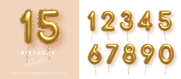 istock Birthday anniversary golden numbers set template with number 15. Celebration birthday vector background. Gold numbers in form of balloons on beige for party invitation, greeting card, poster, event 2178442719