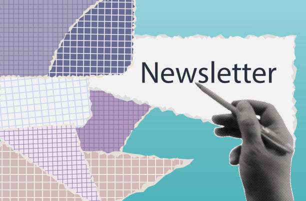 istock Newsletter, online notification. A woman's hand holds a pen and shows a paper document with news. Received, sent correspondence by mail, alert, reminder. Contemporary collage art, vector, halftone. 2178443316