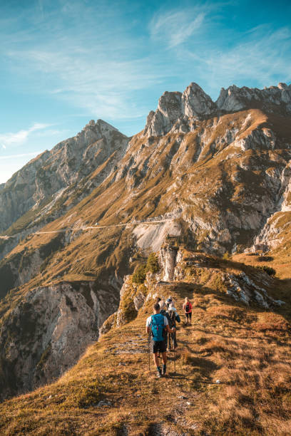 Diverse friends, backpacks and hiking poles in tow, enjoy a lighthearted trek through the mountains, savoring the breathtaking view.