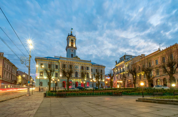 Chernivtsi City Hall and Central Square at Twilight