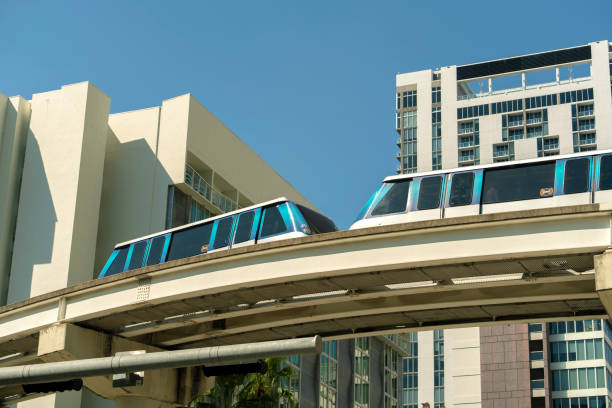 Train for public transportation in Miami city downtown district in Florida USA. Metrorail train car on high railroad over street traffic between skyscraper buildings in modern American urban area. tren para el transporte público en el distrito del centro de la ciudad de miami en florida, ee. uu. vagón de tren de metrorail en ferrocarril alto sobre el tráfico de la calle entre los edificios de los rascacielos en el área urbana americana moderna