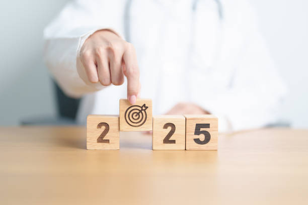 2025 year block with dartboard icon again doctor. Goal, Target, Resolution, strategy, plan, Action, mission, motivation, Health, Healthcare, medical and wellness concept