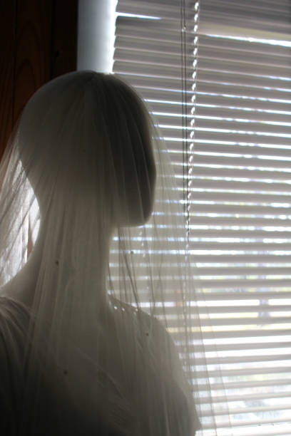 Mannequin silhouette wearing a veil looking through window blinds