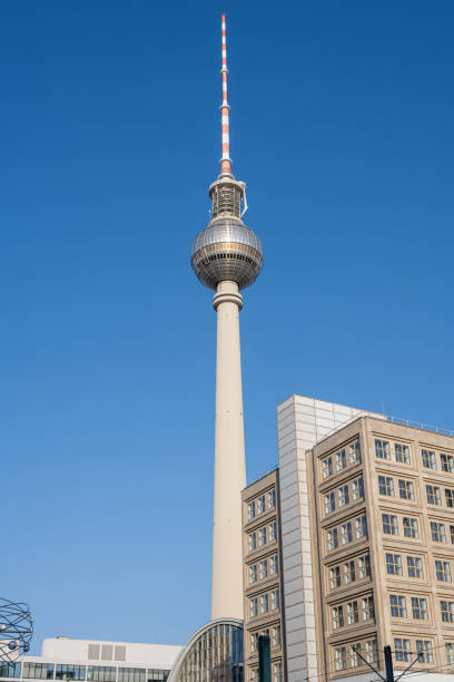 The famous Berlin TV Tower in front of a blue sky
