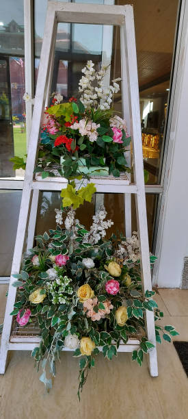 istock Flowers on folding stairs with green leafs at fort 2178465629