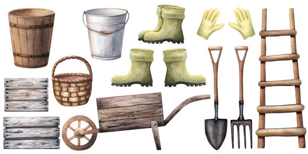 A big set of gardening tools and equipment such as wooden wheelbarrow, crate, box, bucket, vat, gumboots, gardening gloves, spade, shovel, pitchfork, wicker basket and ladder. Watercolor illustration A big set of gardening tools and equipment such as wooden wheelbarrow, crate, box, bucket, vat, gumboots, gardening gloves, spade, shovel, pitchfork, wicker basket and ladder. Watercolor illustration. antique pitchfork stock illustrations
