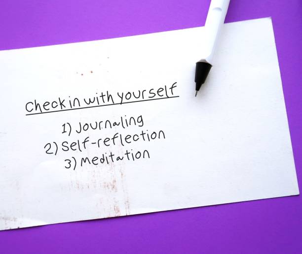 Note paper on purple background with handwritten text - Check in with yourself (Journaling, Self-reflection,Meditation) - carving out time each day to ask yourself how you’re doing