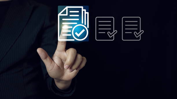 istock Check list concept. Businessman tick off questionnaire, survey, test, checklist, business question, approve check. Digital checklist option. Paperless document list. 2178469802