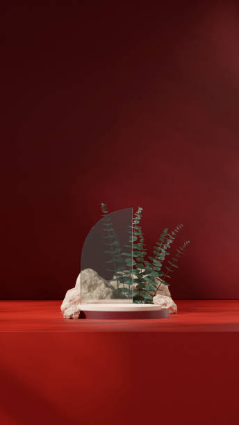 istock in portrait half arch and rocks, 3d rendering blank mockup red color curved cylinder podium 2178472152