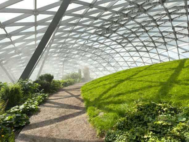 Arboretum with a green lawn under a dome.
