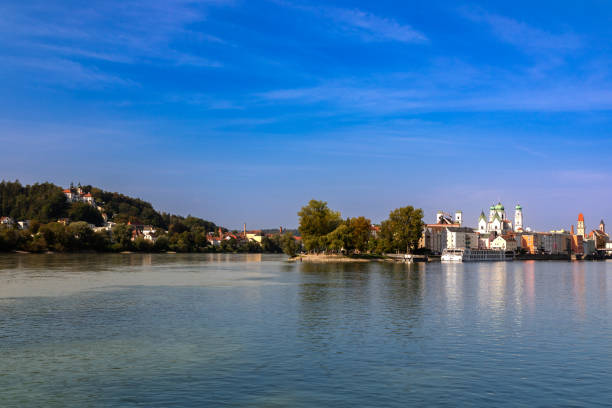 Confluence of Danube and Inn river in Passau, Bavaria, Germany