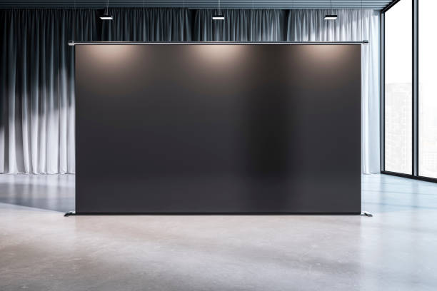 istock Blank exhibition stand in a modern interior space with large windows and curtains. 3D Rendering 2178478055