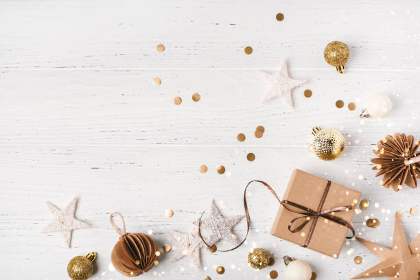 istock Festive Christmas background with gift box and Christmas decorations 2178478554