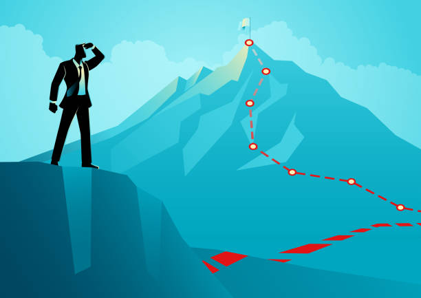Businessman Silhouette Pose Hand Forehead Gesture Mountain Businessman with his hand on his forehead to see better into the mountain top in the distance. For strategic planning and visionary materials, it symbolizes foresight, ambition, and future planning one point perspective person stock illustrations