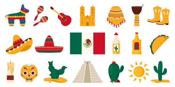illustrazioni stock, clip art, cartoni animati e icone di tendenza di viaggio in messico, monumenti storici ed elementi della cultura del carnevale, set di cibi e bevande - maracas