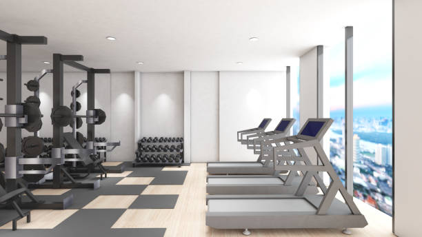 istock Treadmills and Weightlifting. ,Gyms for health and physical development, 3d rendering 2178482813