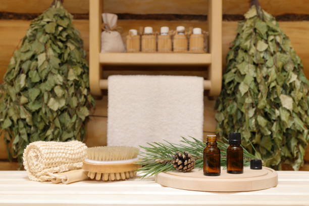 istock Bottles of healing essential oil in sauna interior. 2178483095