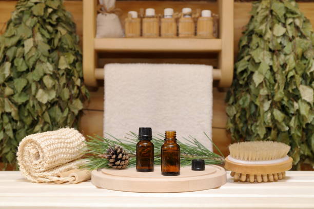 istock Bottles of healing essential oil in sauna interior. 2178483097