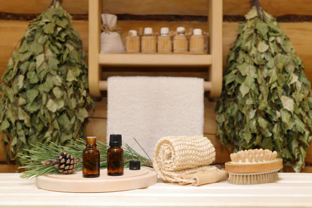 istock Bottles of healing essential oil in sauna interior. 2178483104