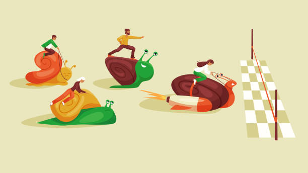 istock Success in business competition and career race, tiny people riding fast and slow snails 2178483843