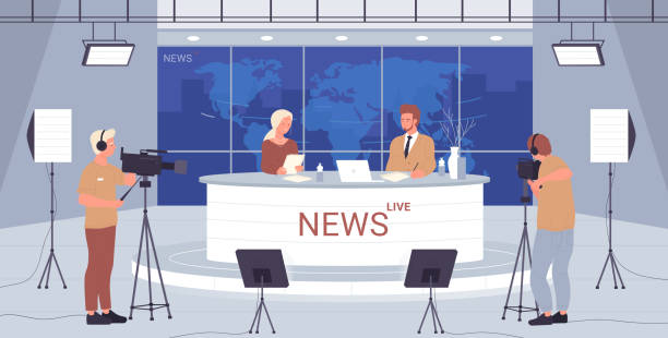 istock TV breaking news in studio interior with backstage, journalists sitting at table on stage 2178483847
