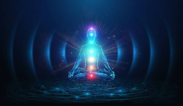 istock Abstract illustration of human figure floating in lotus yoga pose with glowing chakra points in low poly style. Blue geometric background depicting mental health and meditation concept by wireframe connection structure 2178489579