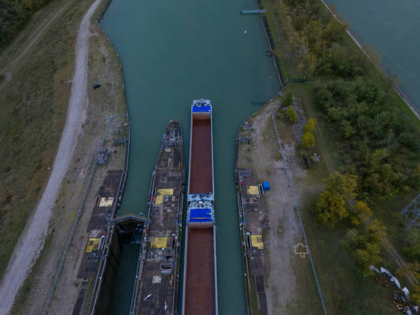 istock Aerial View of Cargo Vessel in Canal Lock System 2178493326