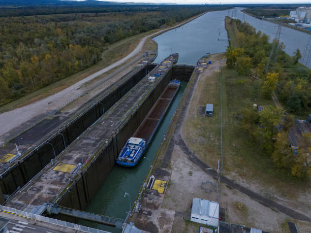 istock Aerial View of Cargo Ship Passing Through a Lock 2178493770