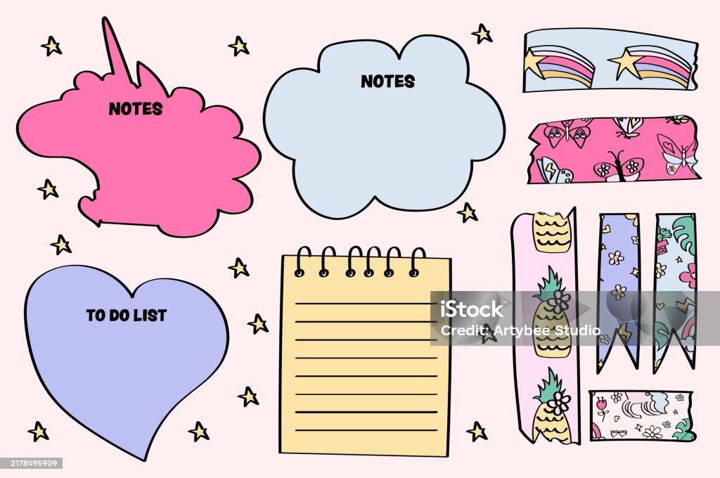 Cute Note Board Sticky Notes Collection Cute Kids Paper Note Pages Set With Cute Washi ...