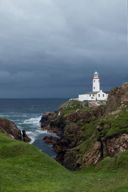 Fanad Head Lighthouse standing on a rocky cliff with a striking contrast against the deep blue of the stormy ocean and sky, capturing the intense colors of an impending storm