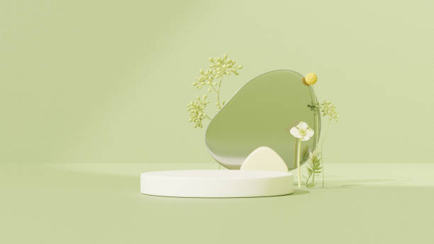 istock Background featuring an empty product display mockup with a green backdrop and abstract geometric platforms designed for showcasing merchandise in landscape orientation. 2178500328