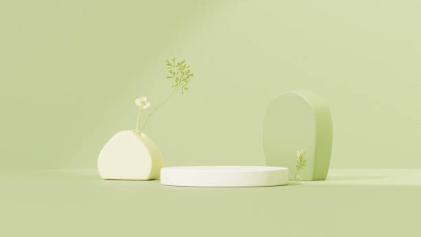 istock Background featuring an empty product display mockup with a green backdrop and abstract geometric platforms designed for showcasing merchandise in landscape orientation. 2178500345