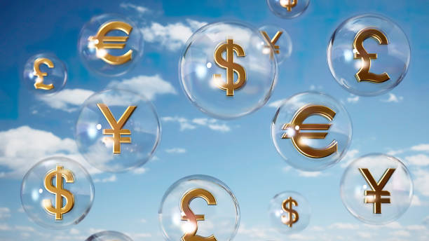 istock Floating currency symbols in bubbles against a bright sky with clouds during daylight 2178500417