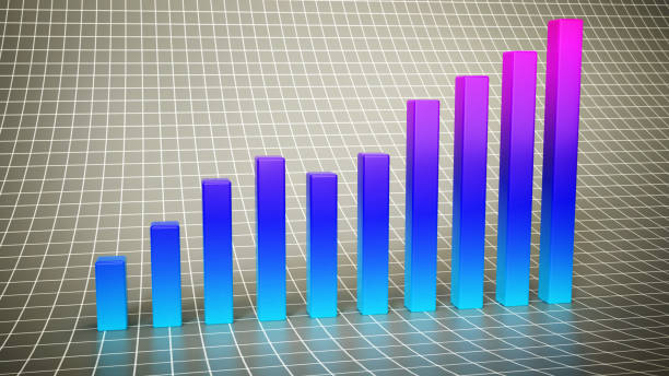 A 3D bar graph with green and red bars of increasing height is presented on a background of a gray grid. House market volatility concept.