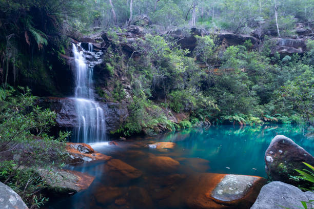 Scenic view of a woman standing under the cascade of waterfalls in the jungle, Lower Kalimna Falls, Lorne, Victoria, Australia