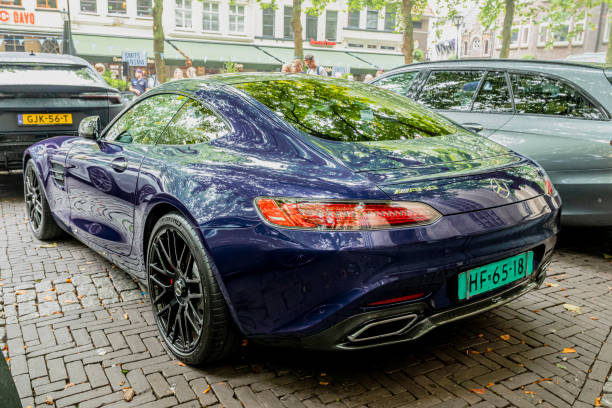 Frankfurt, Germany - Dec 25, 2018 - beautiful and clean black Mercedes C class parked on the street