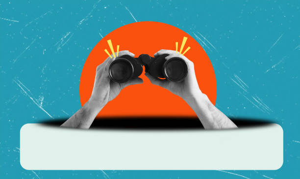 istock Planning and analytics, modern art art collage. Hands holding binoculars on blue background with orange circle and space for text. 2178517549