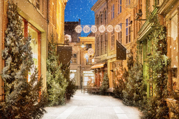 istock Pitoresque Dutch shopping street with snow 2178517964