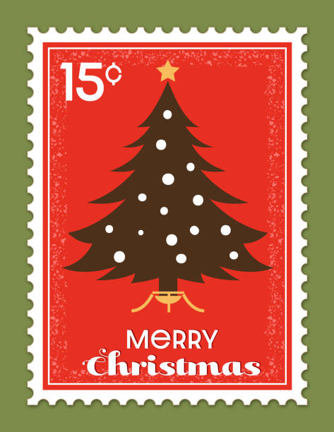 istock Cute Retro Christmas Tree Postage Stamp In Traditional Holiday Colors 2178519337