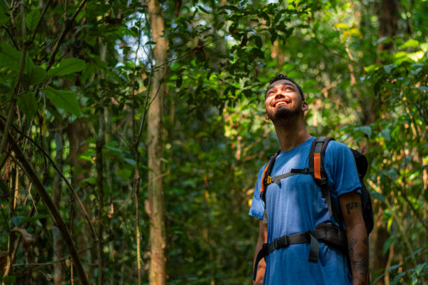 istock Backpacker man in tune and harmony with nature. 2178527026