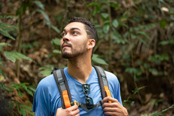 istock Backpacker man in tune and harmony with nature. 2178527221