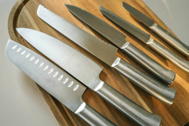 istock Casting steel various chef knife, Set of modern sharp kitchen knives on light background 2178529335
