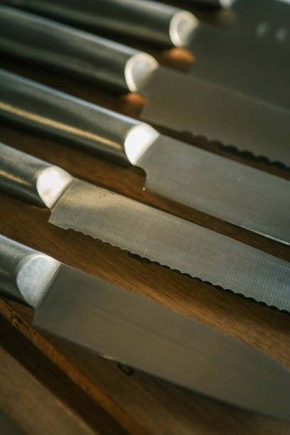 istock Casting steel various chef knife, Set of modern sharp kitchen knives on light background 2178529341