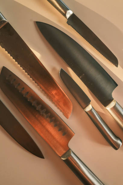istock Casting steel various chef knife, Set of modern sharp kitchen knives on light background 2178529346